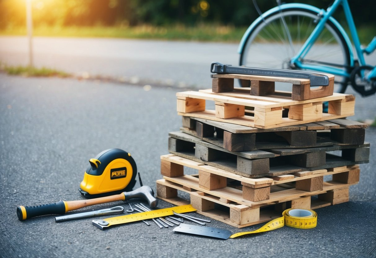 A pile of wooden pallets, a hammer, nails, saw, and measuring tape laid out on the ground, with a bicycle parked nearby