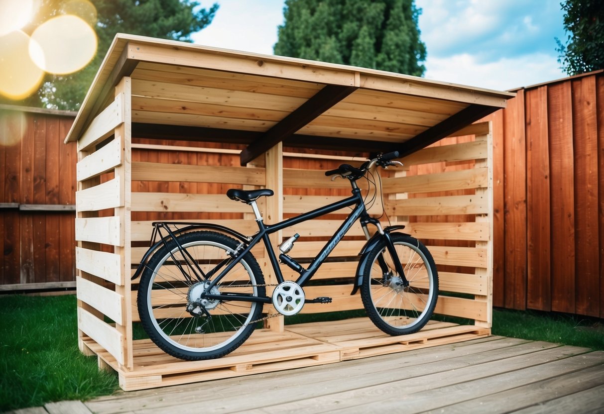 A wooden bike shelter made from pallets, with a smooth finish and protective treatment applied