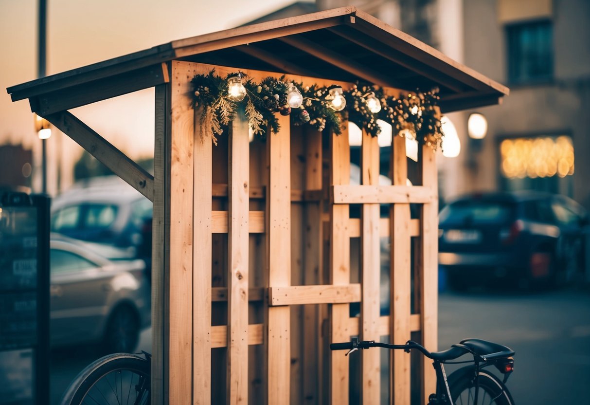 A final touch on a bike shelter made of pallets, adding decorative elements