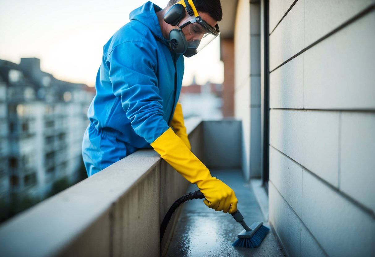 A person cleaning a concrete balcony, using protective gear and following prevention measures