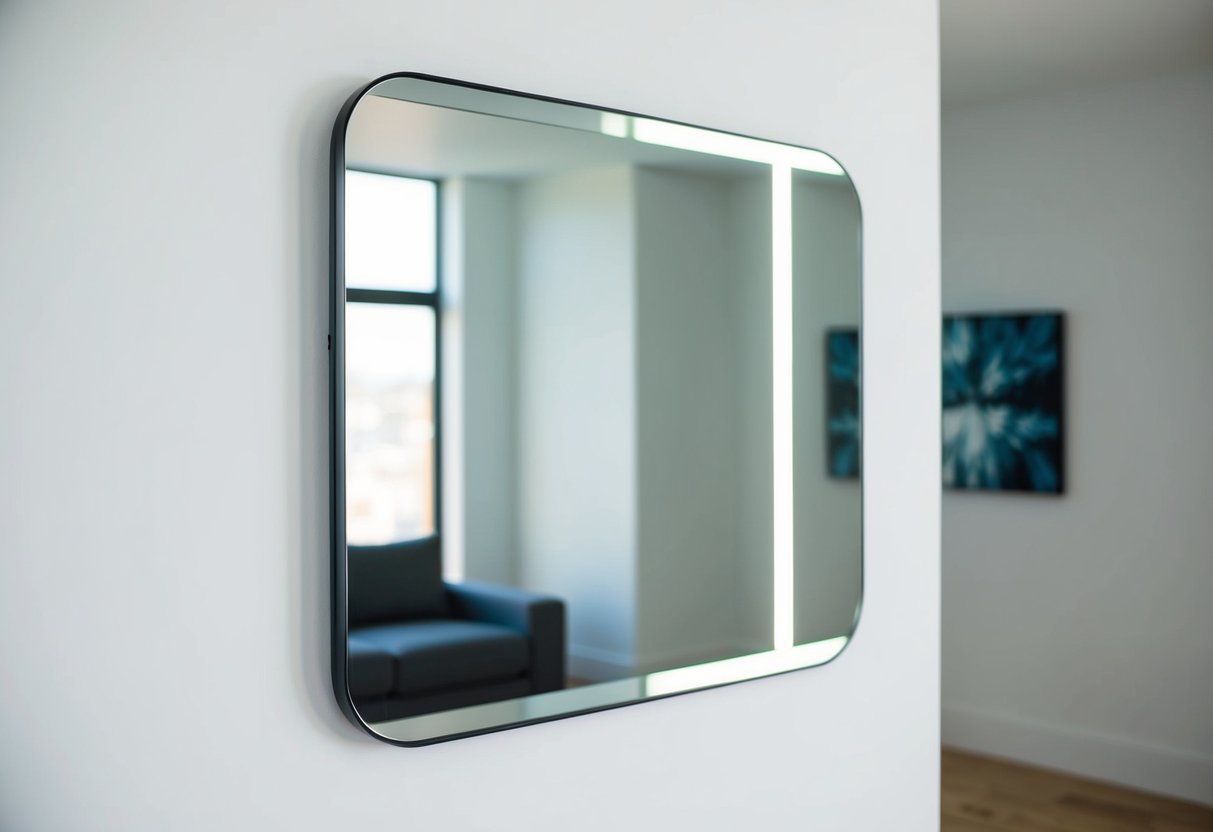 A modern, sleek mirror hangs on a clean white wall in a well-lit room, reflecting the space and creating a sense of depth and openness