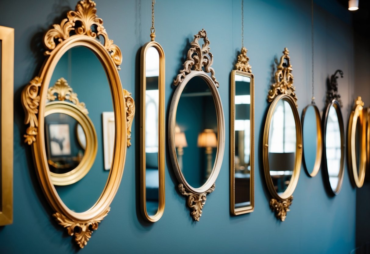 A variety of ornate and modern mirrors hang on a gallery wall, reflecting the surrounding space and creating an intriguing display of different shapes and styles