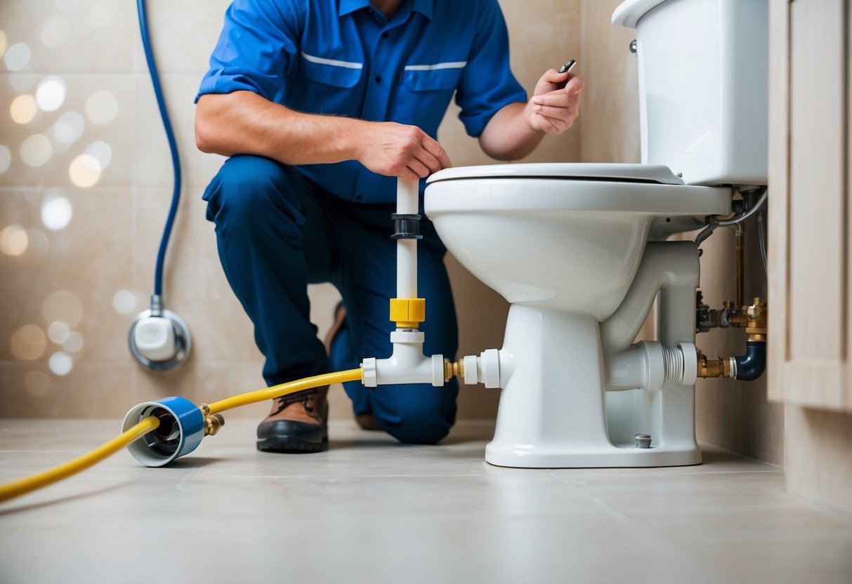 A plumber installs a vertical outlet toilet, connecting pipes and securing the fixture to the floor