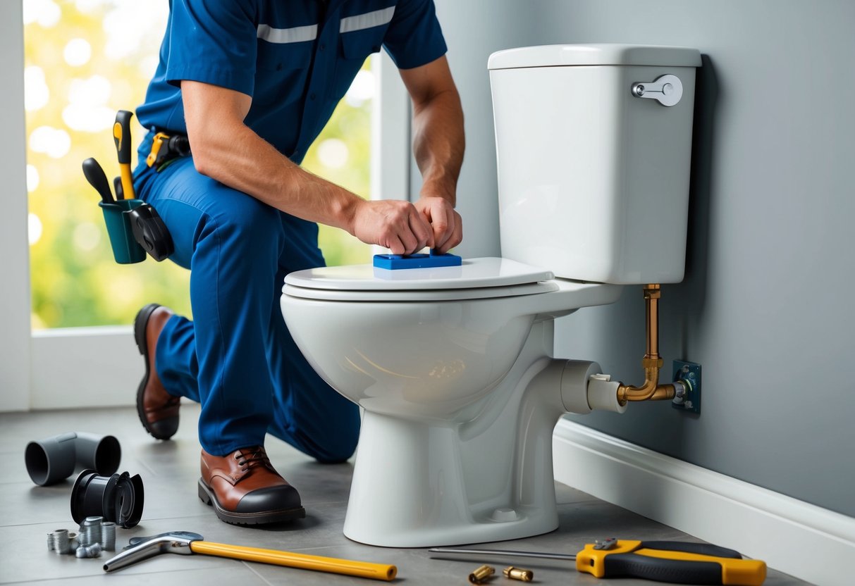 A plumber installing a vertical outlet toilet, weighing the advantages and disadvantages. Tools and parts scattered nearby