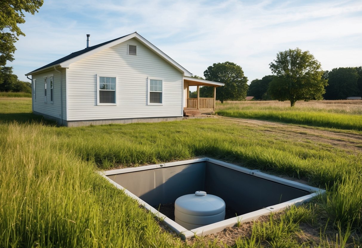 A simple, rural setting with a house and a septic tank buried in the ground, surrounded by grass and trees