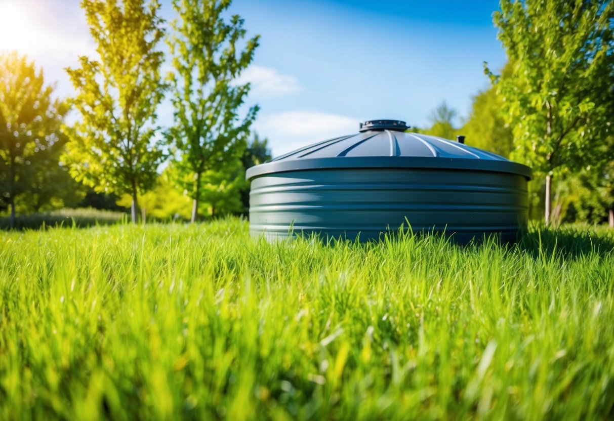 A well-maintained septic tank surrounded by healthy green grass and trees, with clear blue skies above