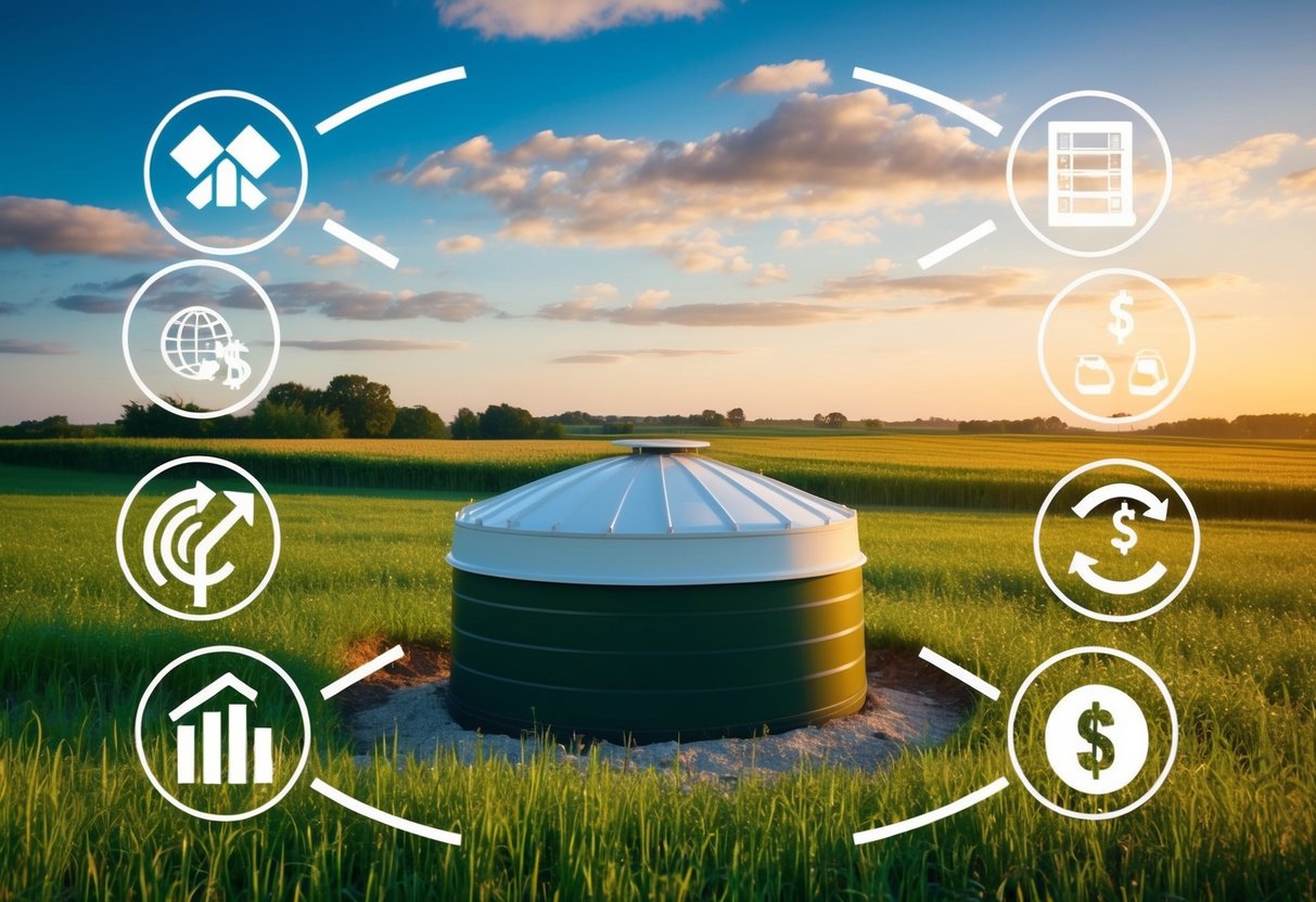 A rural landscape with a septic tank, surrounded by economic and regulatory symbols