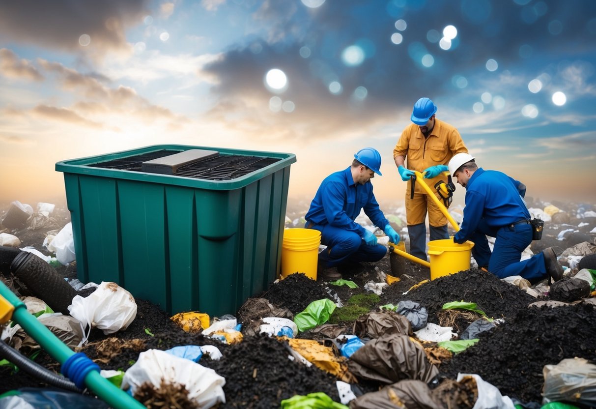 A clogged septic tank surrounded by overflowing waste, while a professional team works to clean and repair the system