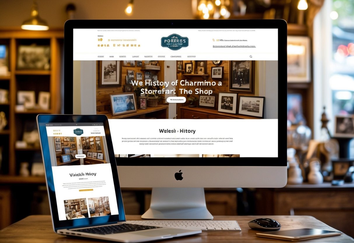 A cozy, welcoming storefront with a charming website displayed on a computer screen. The shop's history is depicted through vintage photographs and memorabilia, creating a warm and inviting atmosphere