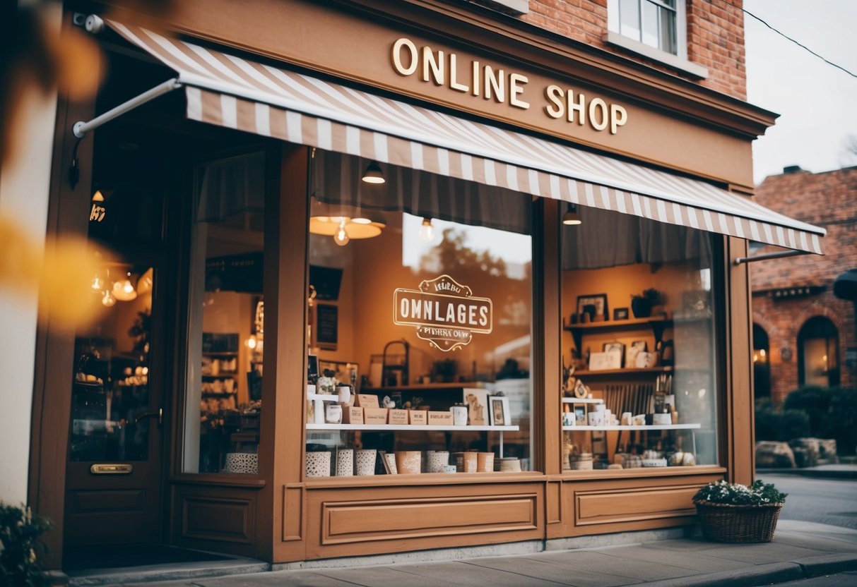 A cozy, rustic storefront with a charming online shop. A warm color palette and vintage signage reflect the brand's welcoming and nostalgic atmosphere