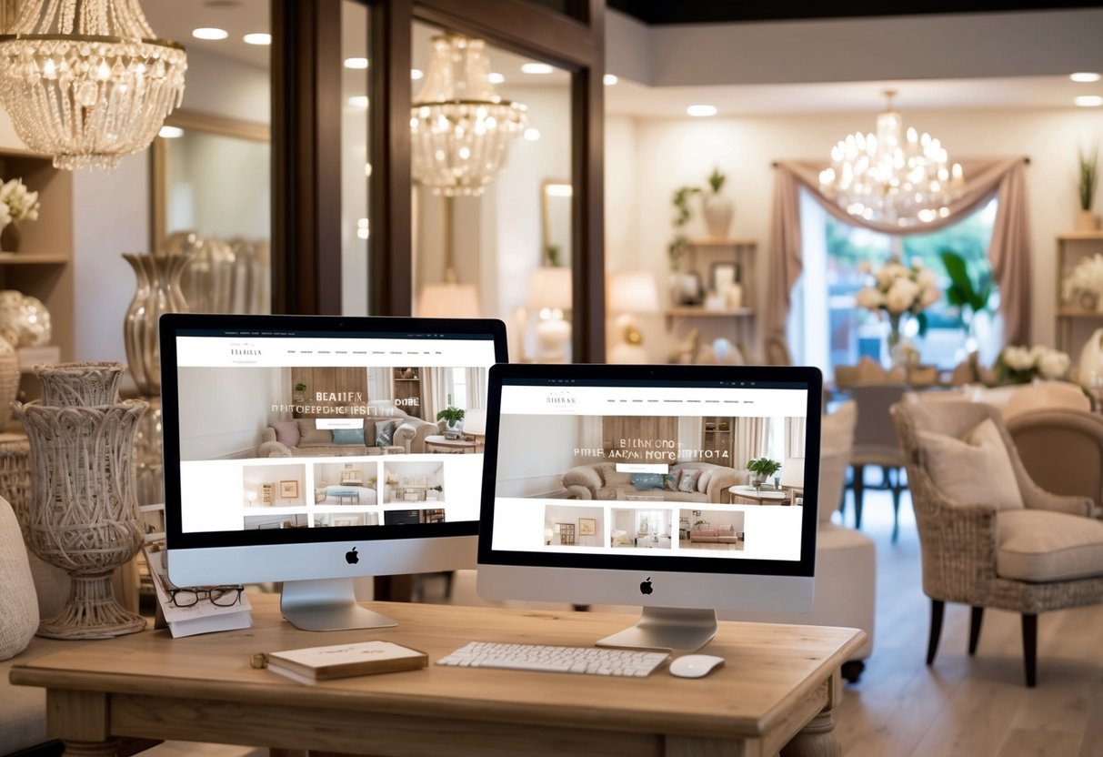 A cozy boutique with a welcoming storefront and a charming website displayed on a computer screen. The interior is filled with elegant home decor and furniture