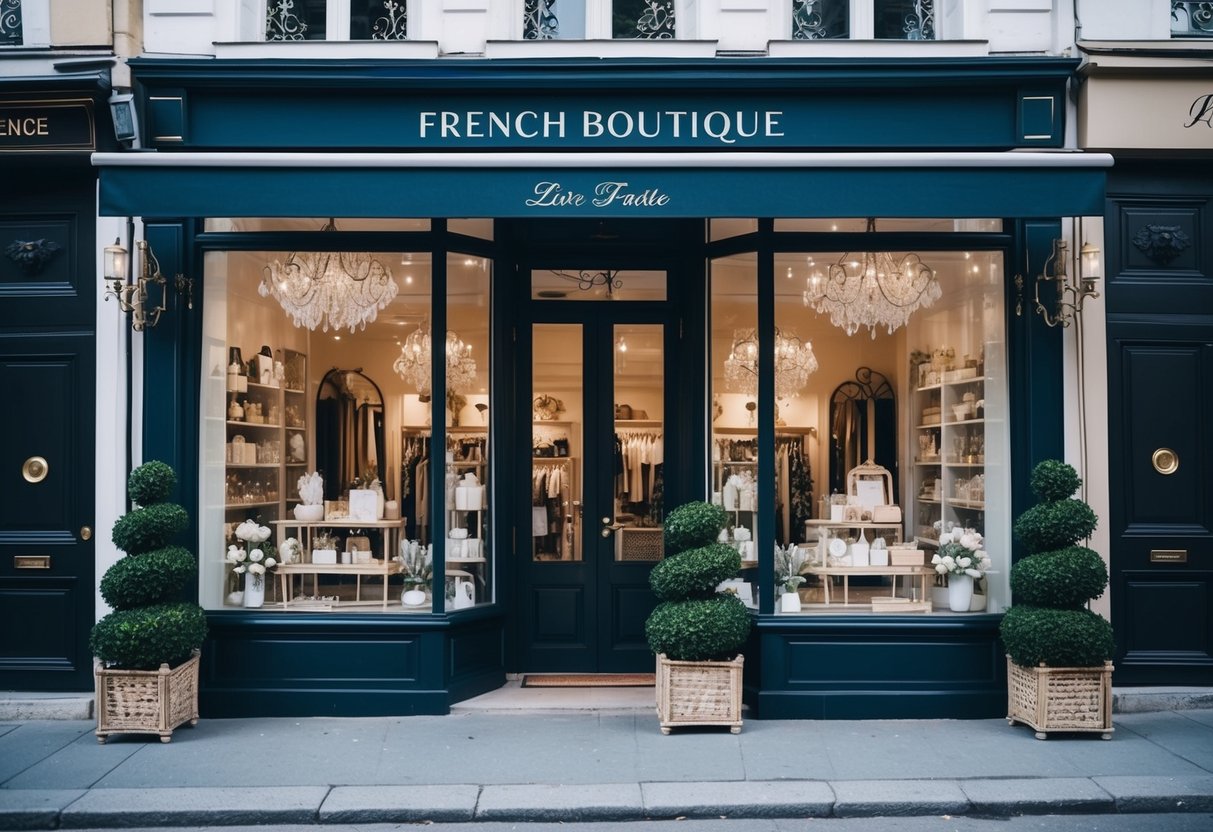 A cozy French boutique with a charming storefront and a welcoming website. The shop is filled with elegant decor and the website features beautiful product photos