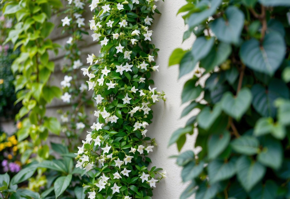 A climbing star jasmine plant winding its way up a wall or trellis, surrounded by various other compatible plant varieties