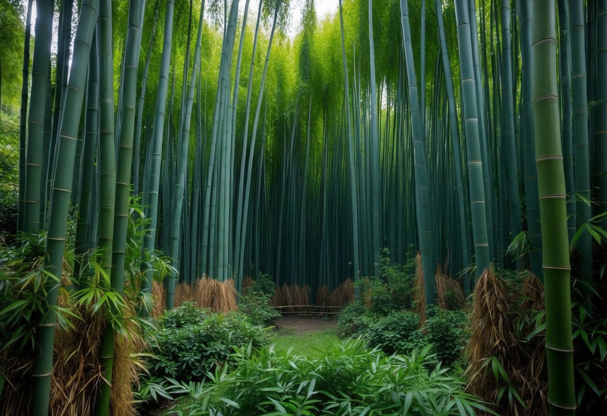 A dense bamboo forest grows rapidly, overtaking a peaceful garden. The tangled roots and tall, swaying stalks threaten to suffocate the surrounding flora