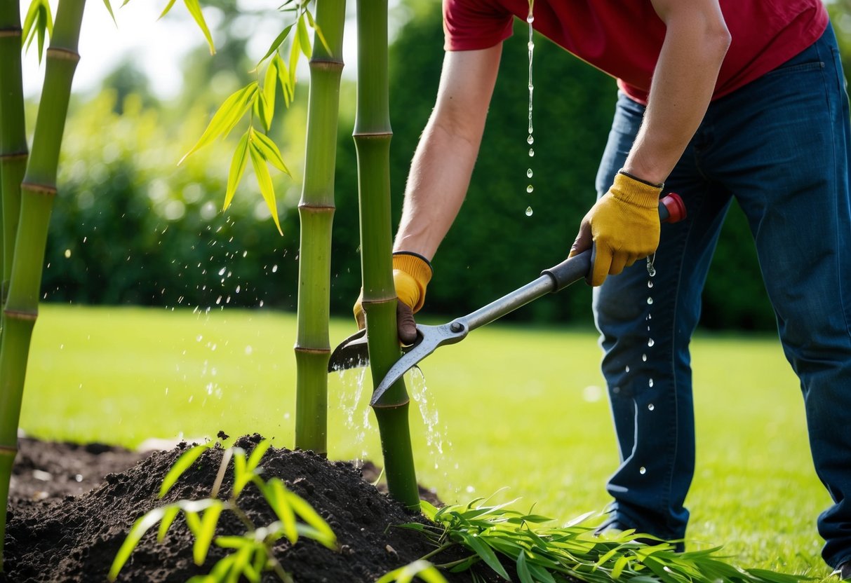 A person using manual tools to remove bamboo from a garden. Sweat drips as they work hard in the sun