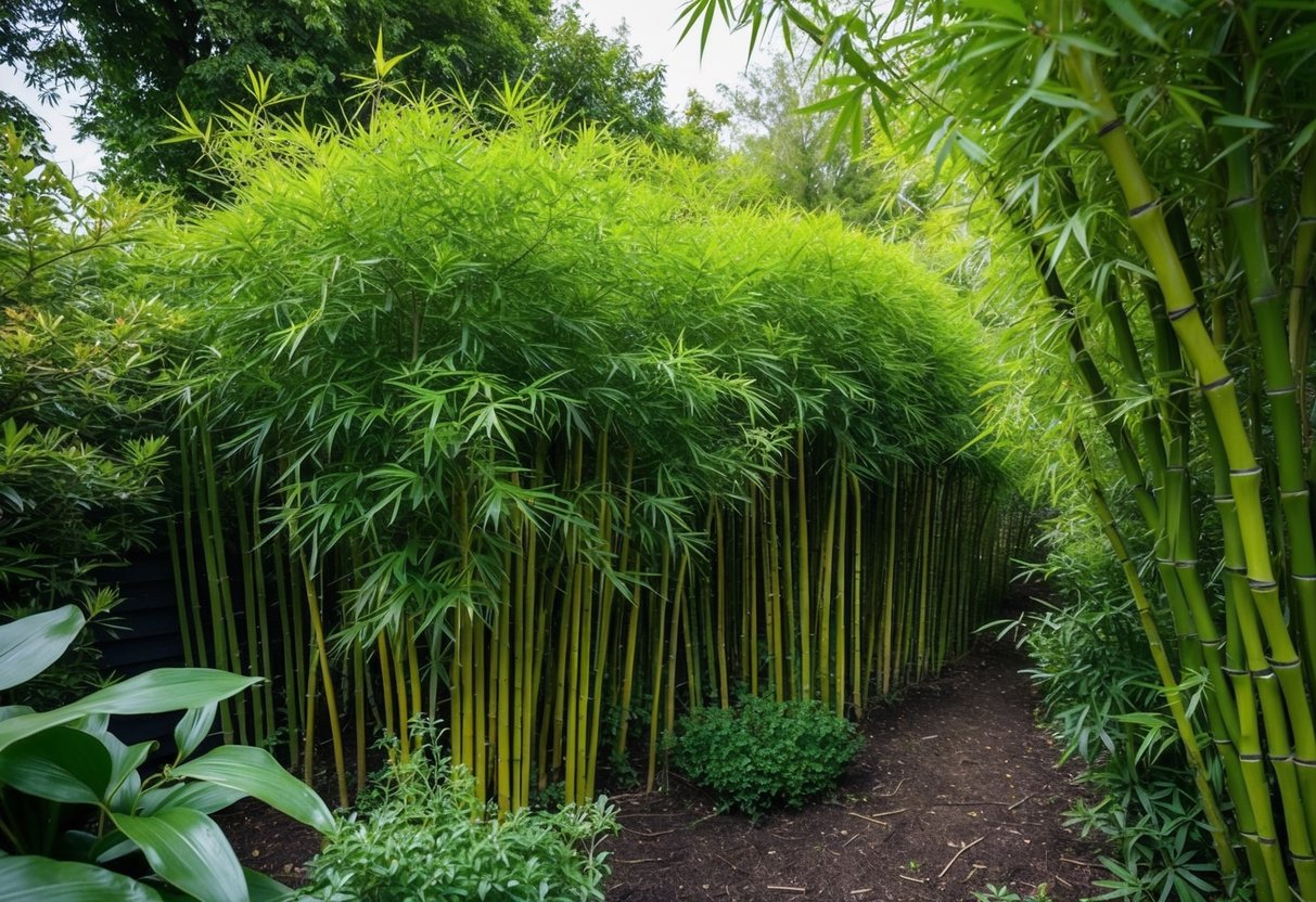 A garden overrun with bamboo. The resilient plants push through the soil, entwining around trees and shrubs. Chemical warfare against the invasive species