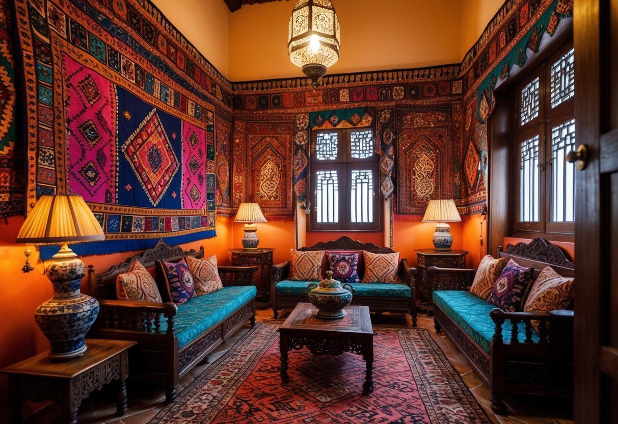 A traditional Turkish home with vibrant, patterned textiles, ornate lamps, and intricately carved wooden furniture. Rich colors and geometric designs adorn the walls and floors, creating a warm and inviting atmosphere