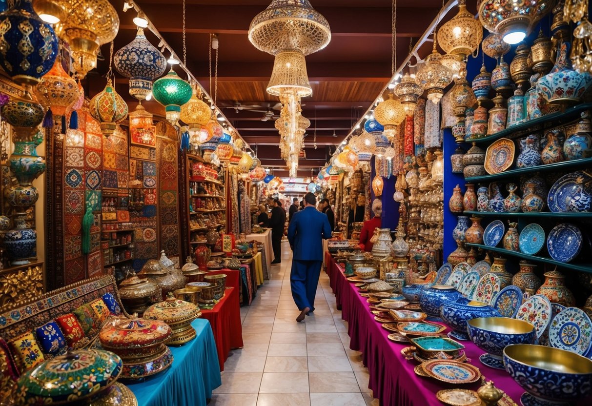 A bustling Turkish bazaar with colorful, intricate home decor items displayed in traditional style. Rich patterns and textures create a vibrant atmosphere