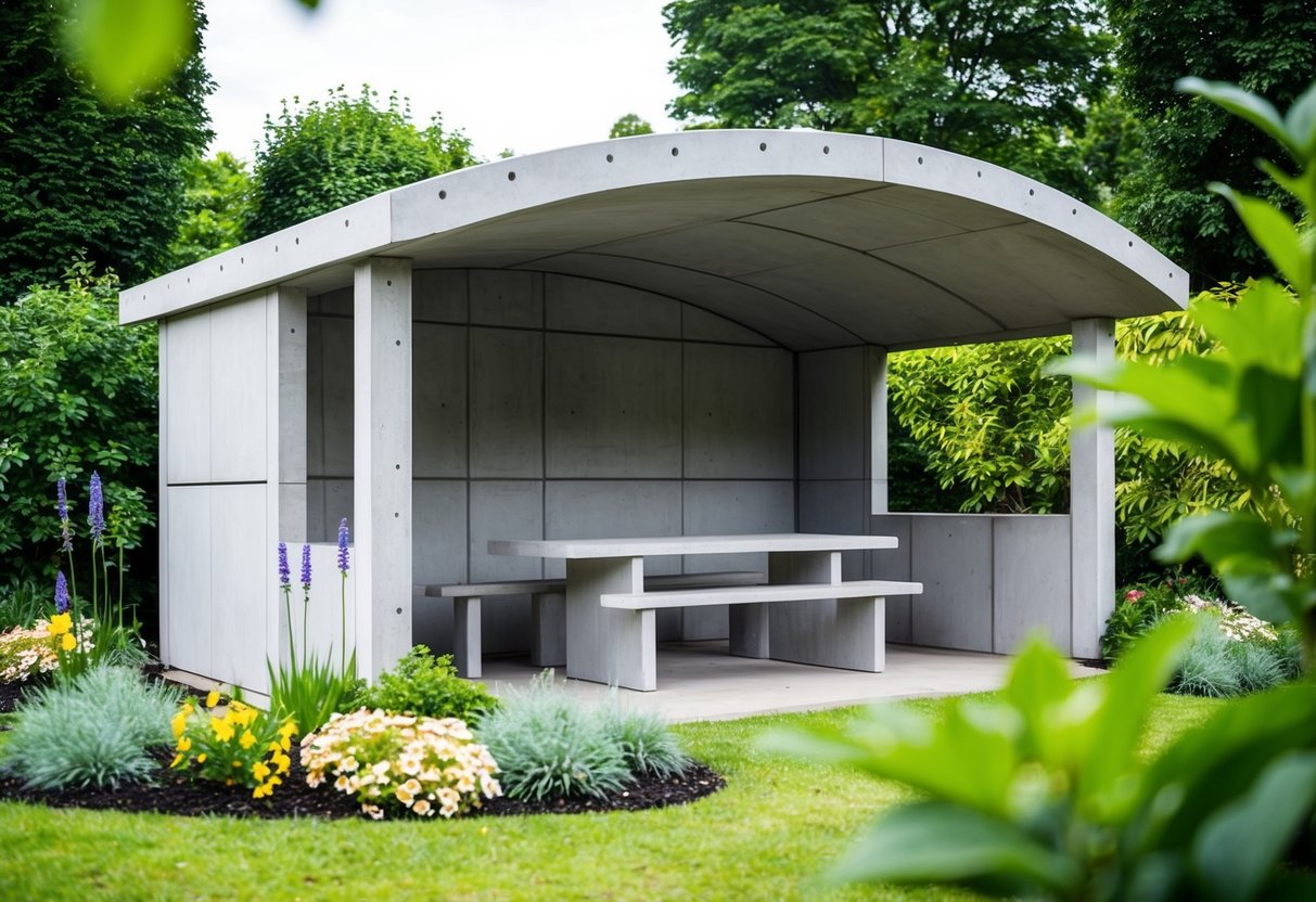 A prefabricated concrete garden shelter surrounded by lush greenery and flowers, with a sturdy and durable design