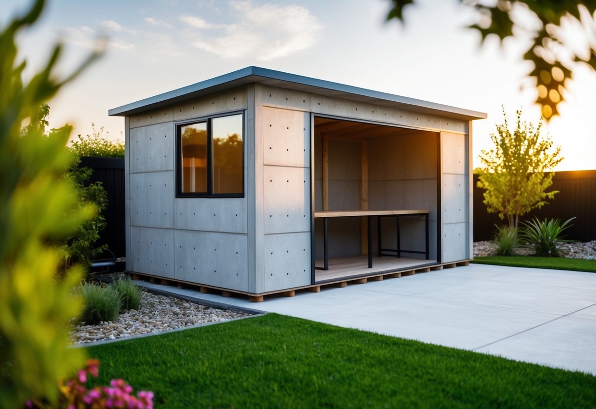 A prefabricated concrete garden shed with outdoor landscaping and functional features