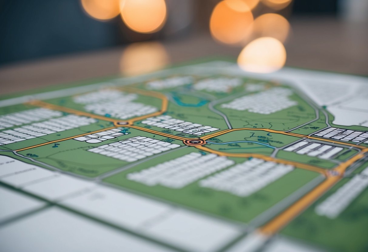 A detailed map of a land parcel, showing boundaries, roads, and buildings