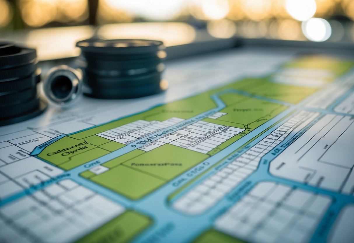 A detailed map of cadastral data, with clearly marked property boundaries and land divisions