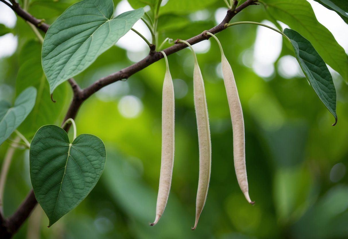 A Catalpa tree with large heart-shaped leaves and long bean-like seed pods, originating from North America