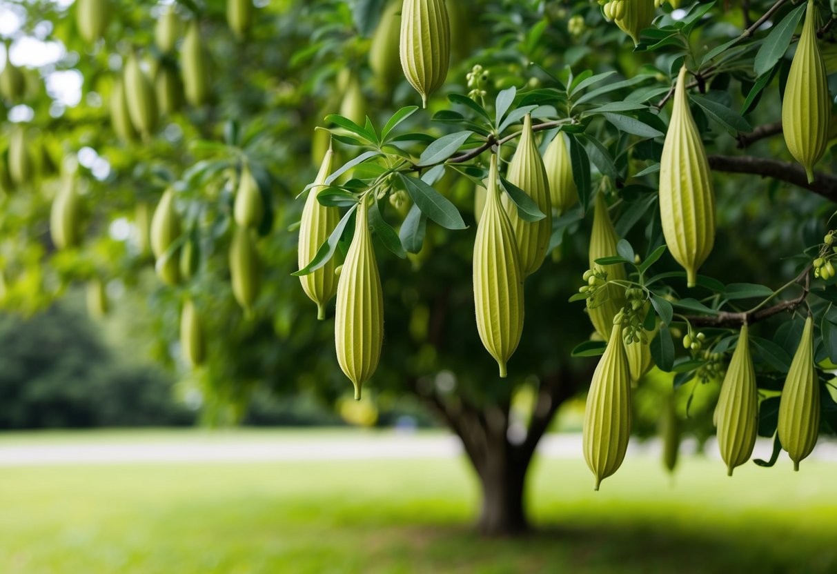 A lush catalpa tree provides decorative shade, but sheds messy pods. Ideal for a nature-themed illustration