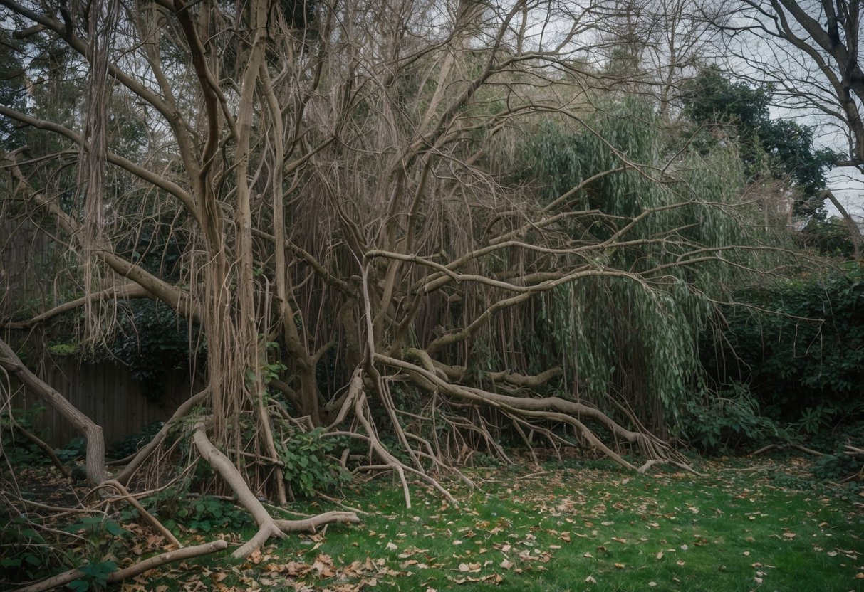 A tangled mess of overgrown Catalpa trees, with dead branches and fallen leaves scattered around the neglected garden