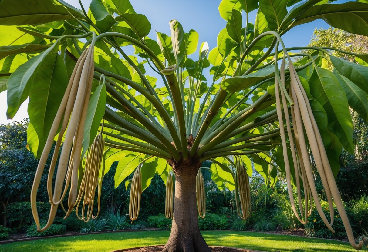 A majestic catalpa tree stands in a lush garden, its long, bean-like seed pods hanging from the branches. The tree's large, heart-shaped leaves provide shade and shelter for small creatures