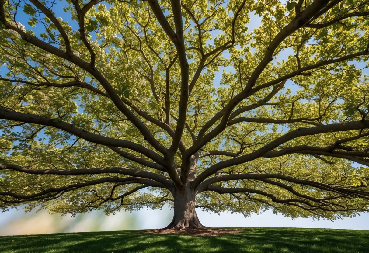 A blooming catalpa tree with sprawling branches and large heart-shaped leaves, casting dappled shadows on the ground below