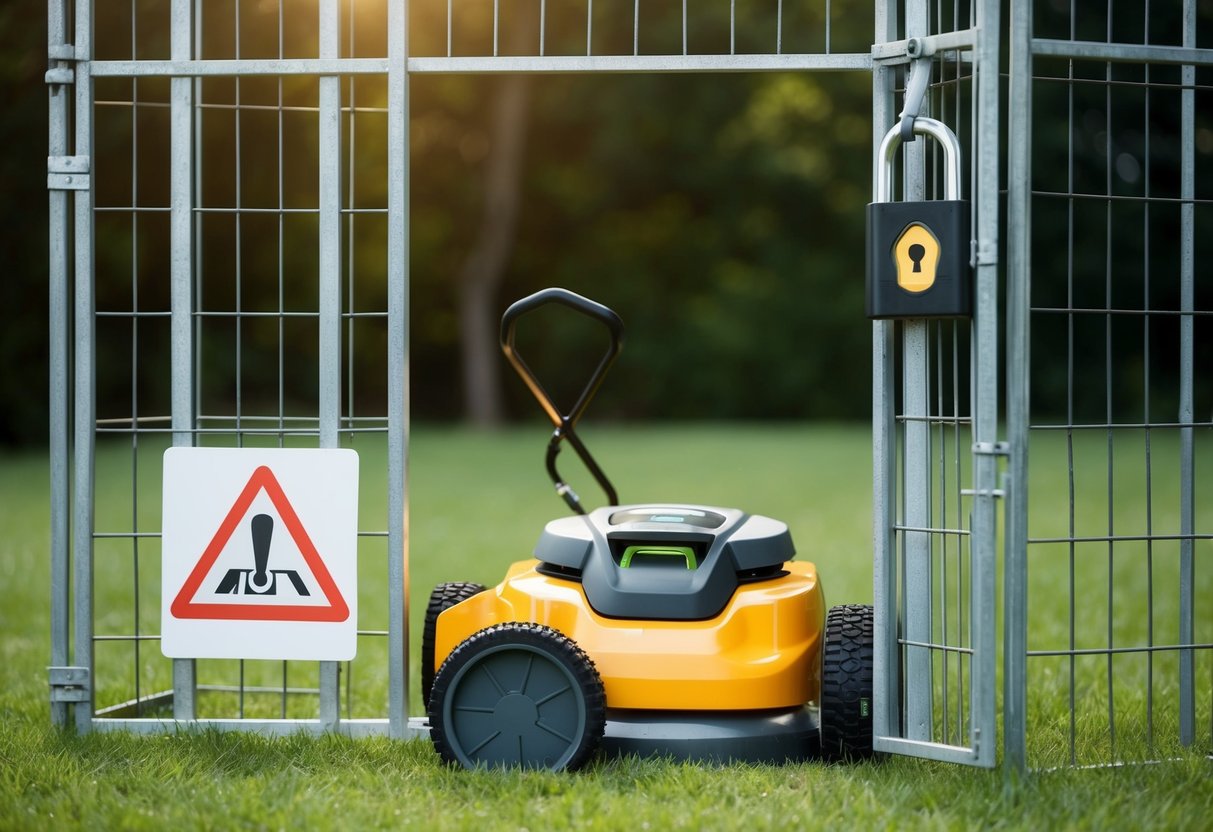 A robot lawn mower is securely locked inside a sturdy metal cage, with a padlock securing the door. A sign with a warning symbol is displayed prominently