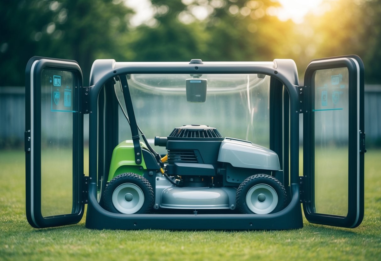 A robot lawnmower is securely locked inside a high-tech anti-theft enclosure, surrounded by advanced security features and protection systems