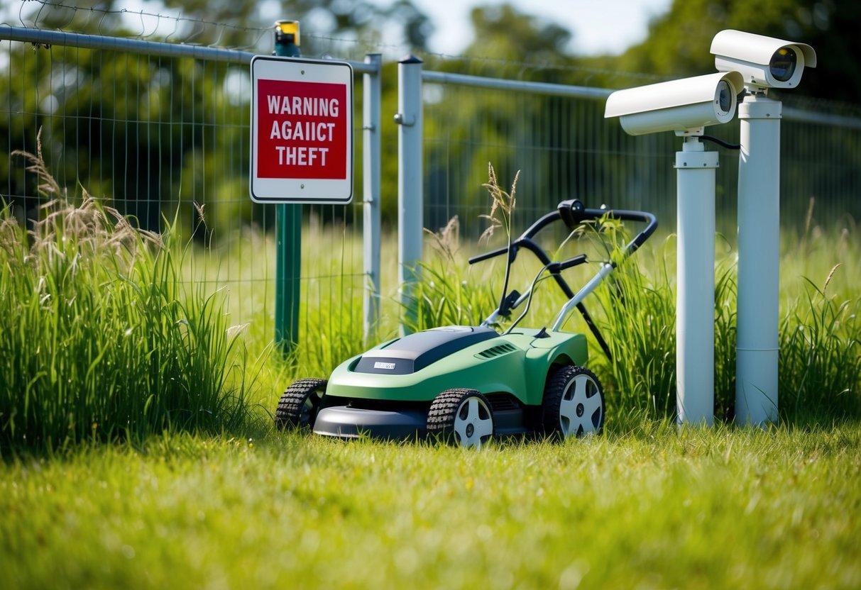 A robot lawnmower hidden among tall grass, surrounded by a fence and security cameras, with a sign warning against theft