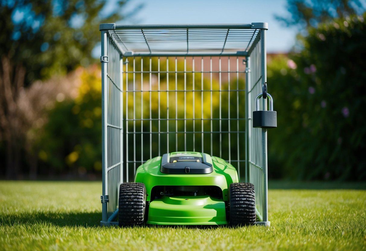 A robot lawn mower locked inside a sturdy metal cage with a padlock, surrounded by a motion sensor security system