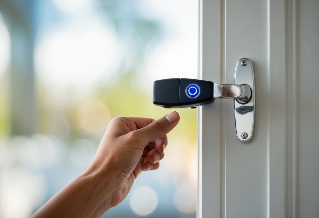 A hand reaching for a door handle, with a small device attached to the door controlling its automatic closing