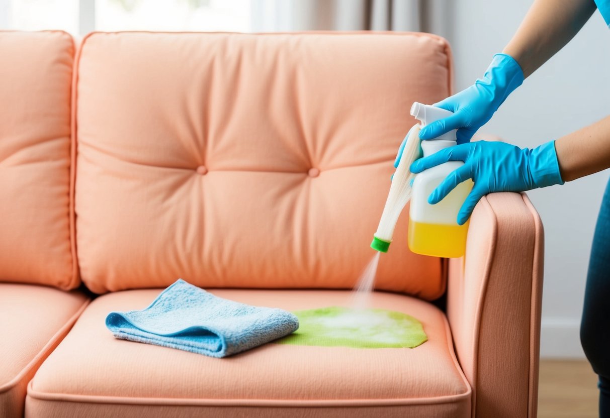 A peach-colored couch with visible stains being treated with a cleaning solution and a soft cloth