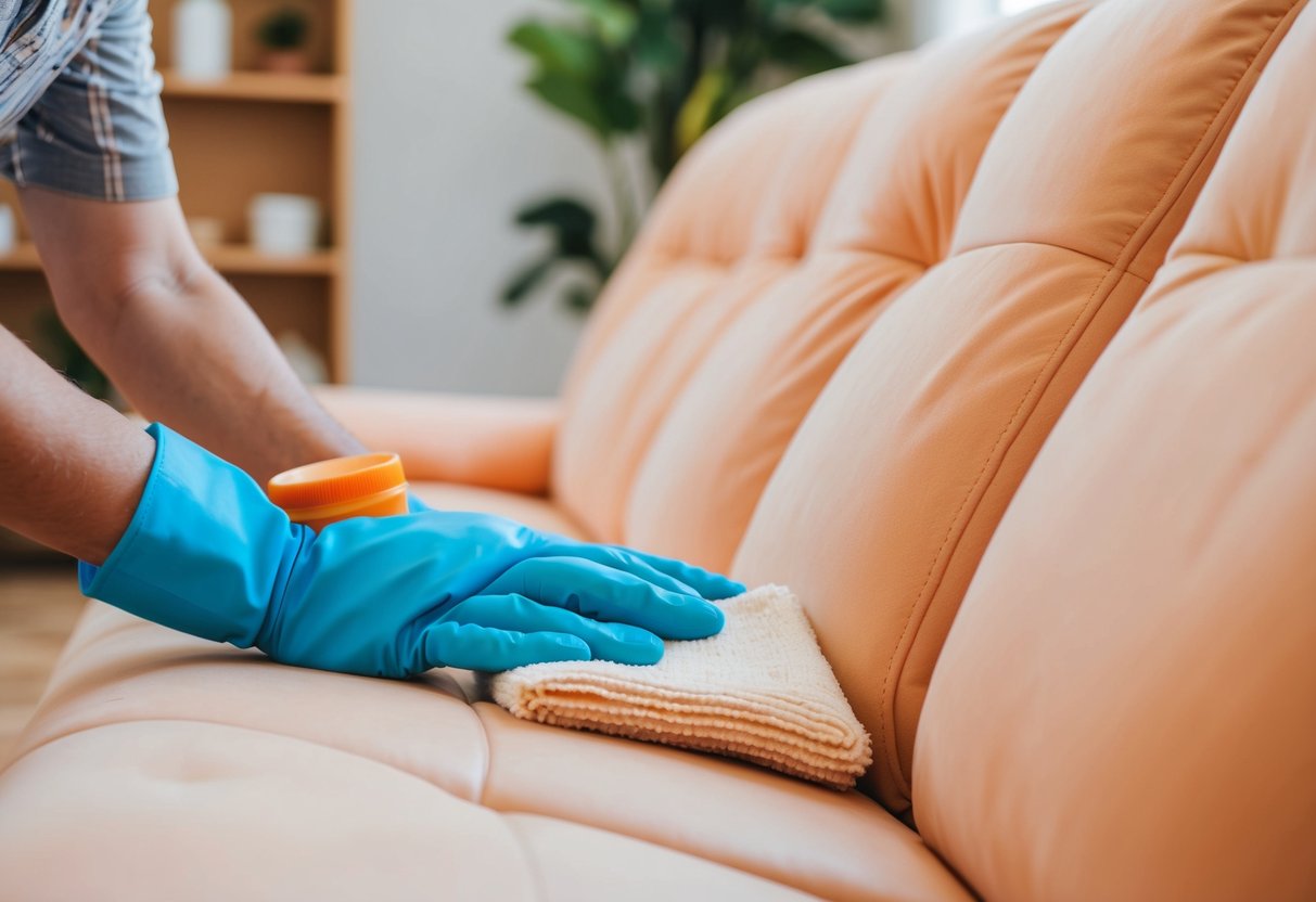 A peach skin sofa being carefully cleaned and maintained with specialized care products