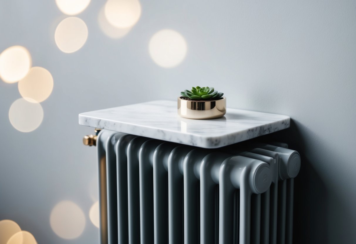 A sleek marble tablet rests on a modern radiator, showcasing the aesthetic and material variety in the scene