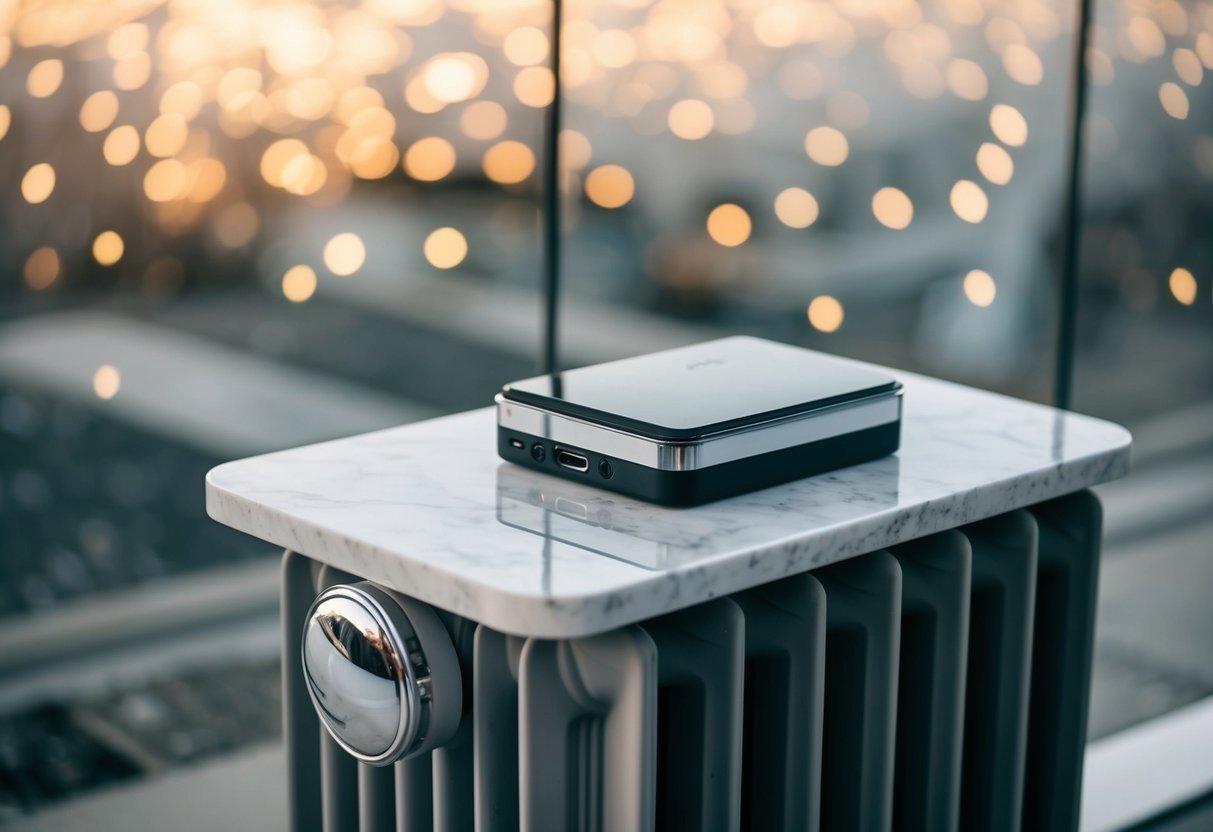 A marble tablet rests on a sustainable radiator, creating a sleek and modern design