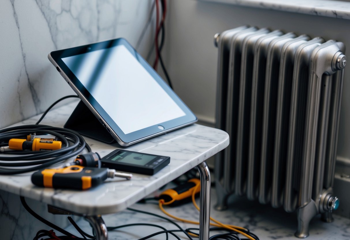 A tablet sits on a marble surface next to a radiator, with various wires and tools scattered around, suggesting a technical installation