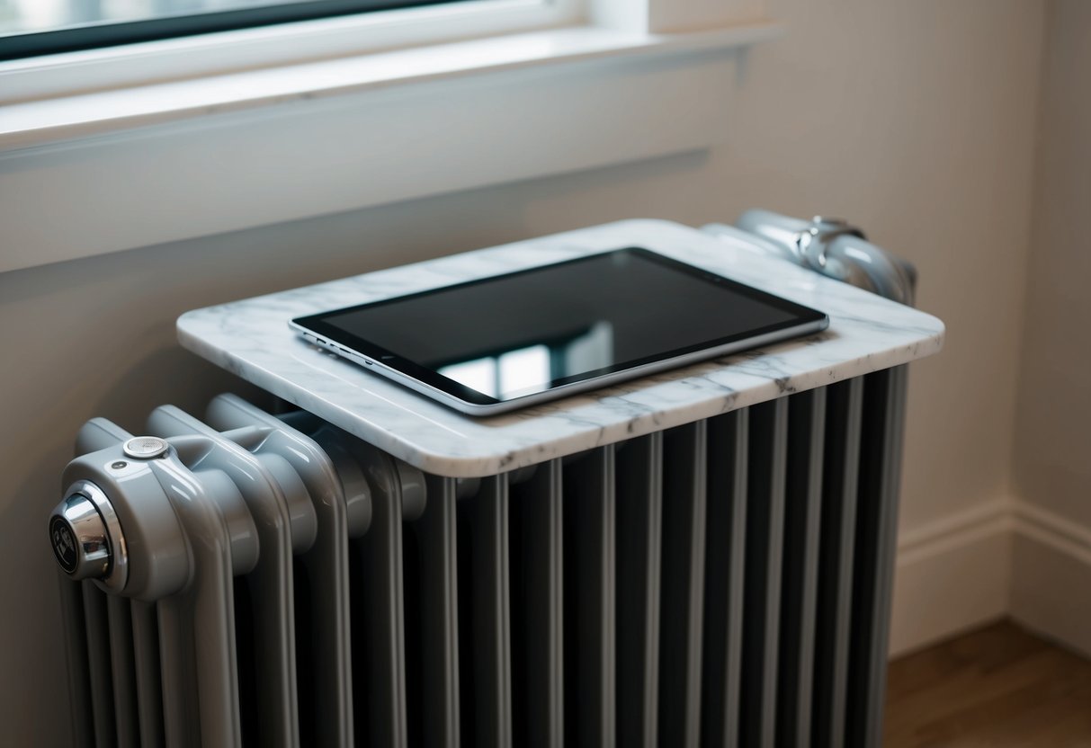 A sleek marble tablet rests on a cozy radiator, showcasing both functionality and comfort in a modern setting