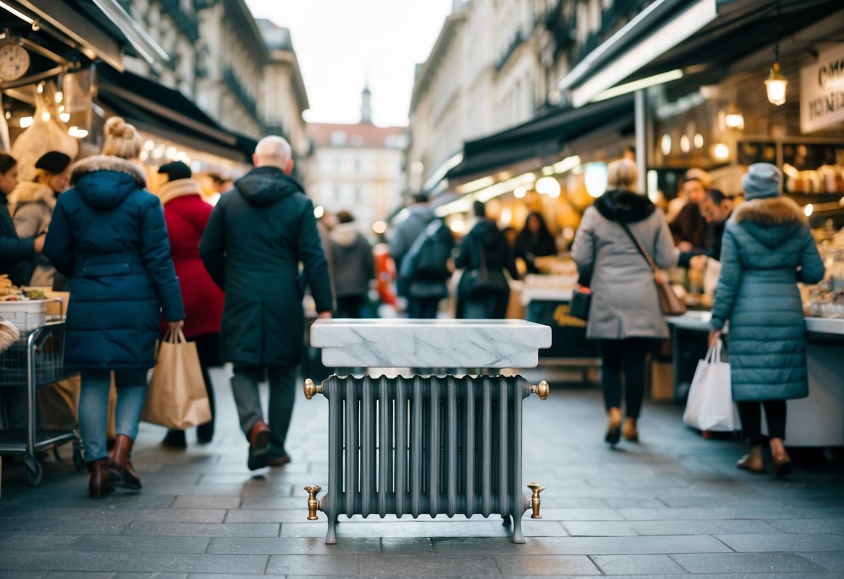 A modern treasure hunt for a marble tablet and radiator takes place in a bustling marketplace. Shoppers browse through various vendors, searching for the perfect items