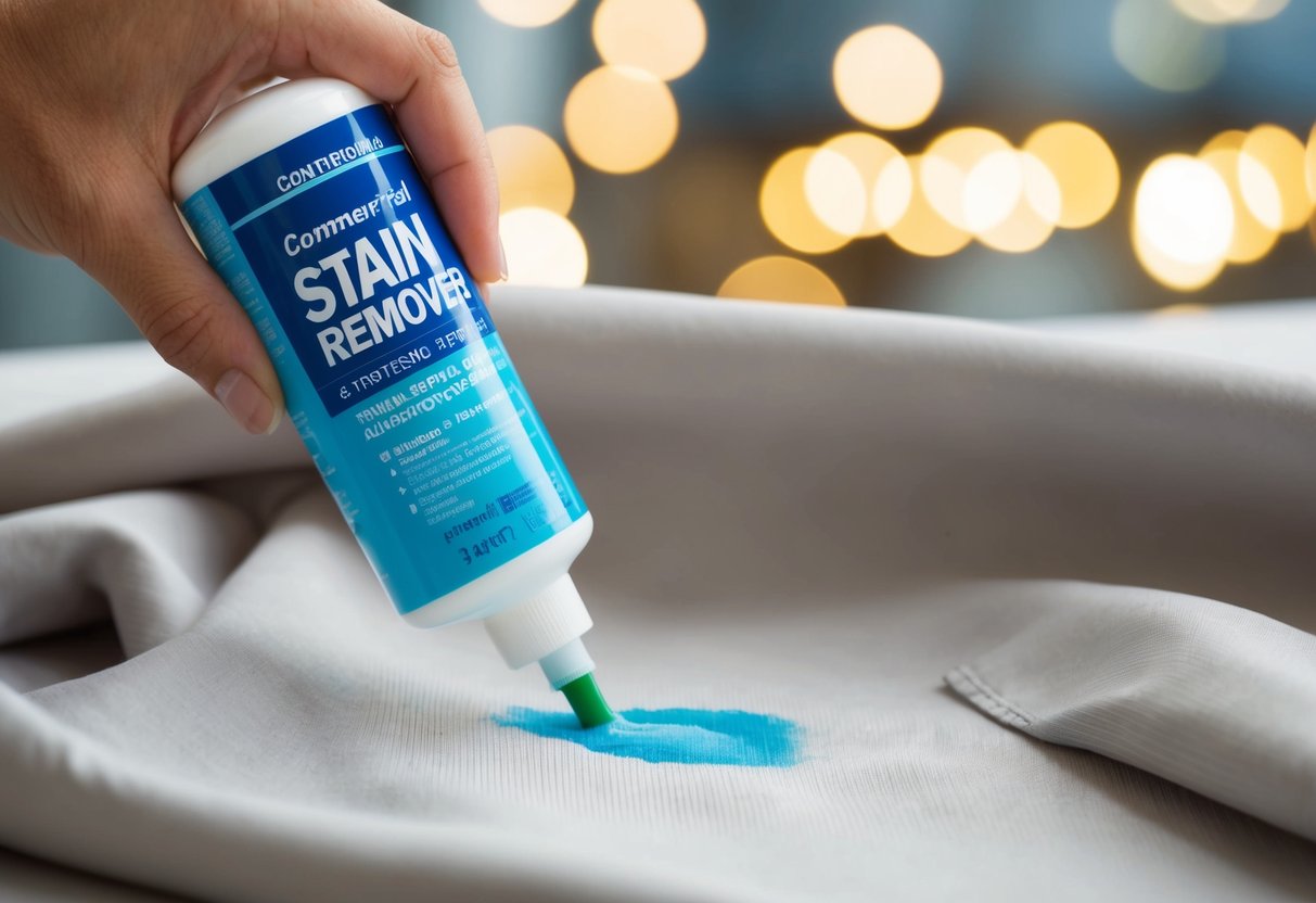 A commercial stain remover being applied to a synthetic fabric with a ballpoint pen stain