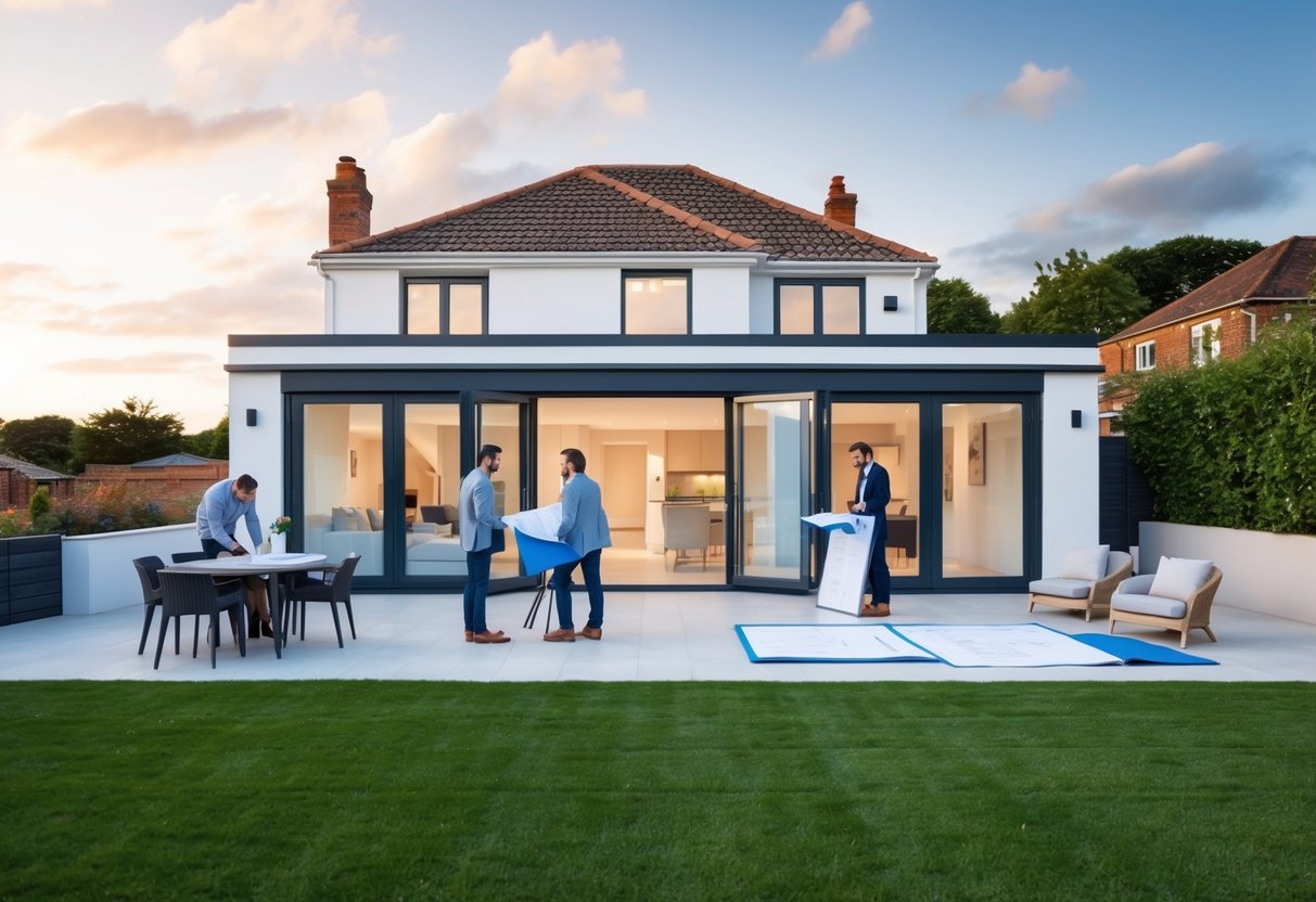 A house extension being planned and designed on a terrace, with architects and designers working on blueprints and discussing the layout and construction