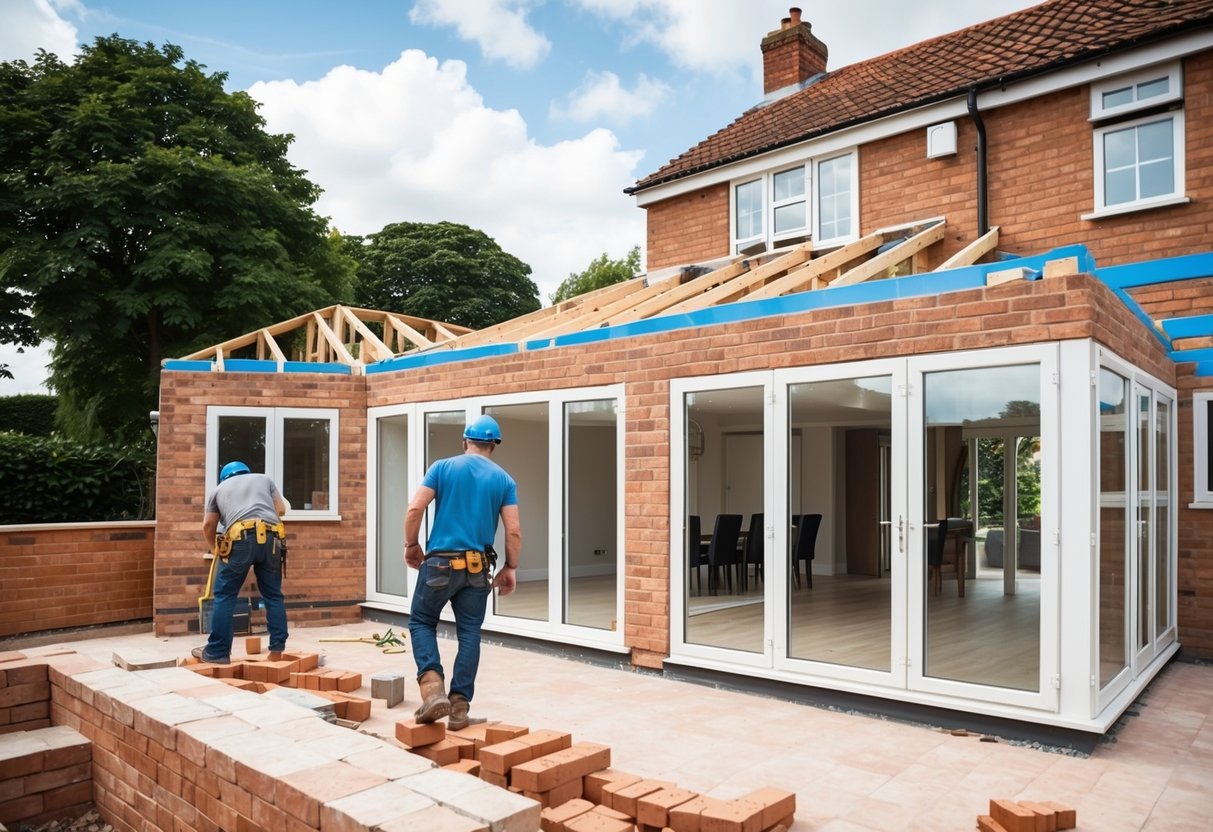 A house extension being built on a terrace, with workers laying down bricks and constructing the framework