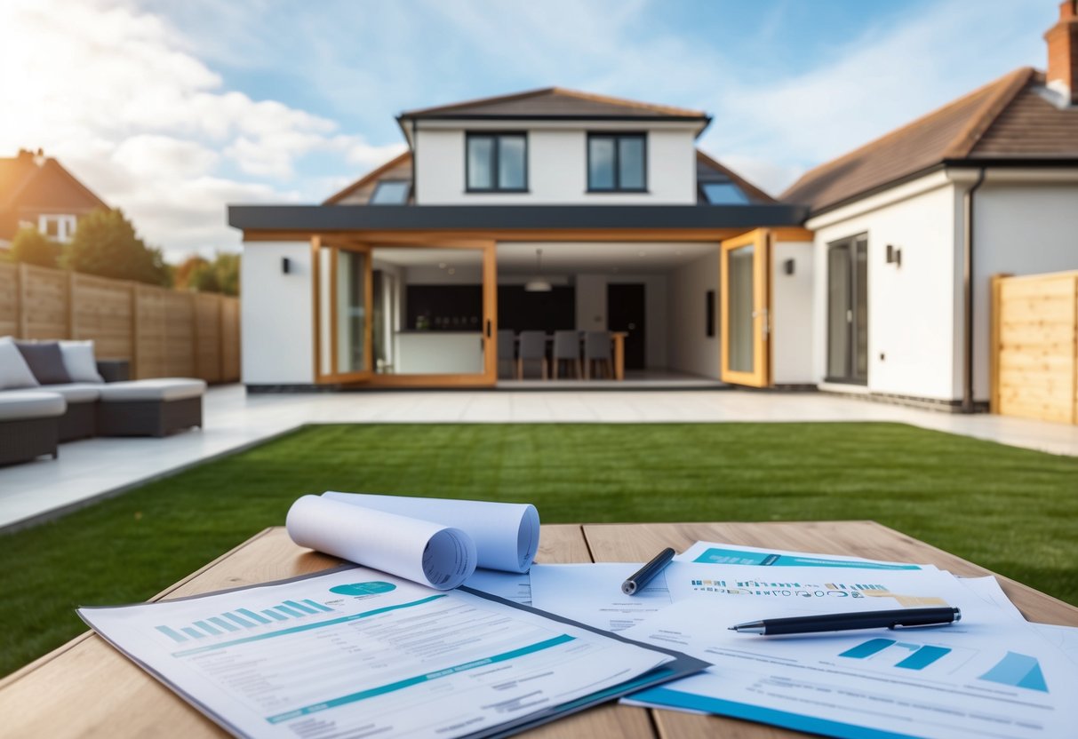 A new home extension being built on a spacious terrace, with financial documents and plans scattered on a table