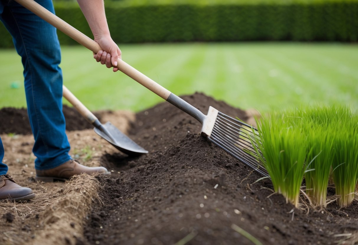 A person prepares the ground for Japanese grass seeding, using a rake and shovel to level the soil and remove any debris