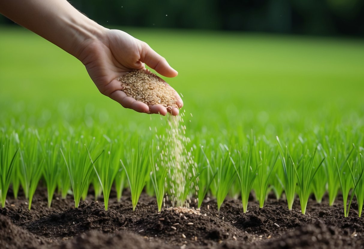 A hand sprinkles Japanese grass seeds onto a perfectly prepared soil bed, creating a lush and uniform green carpet