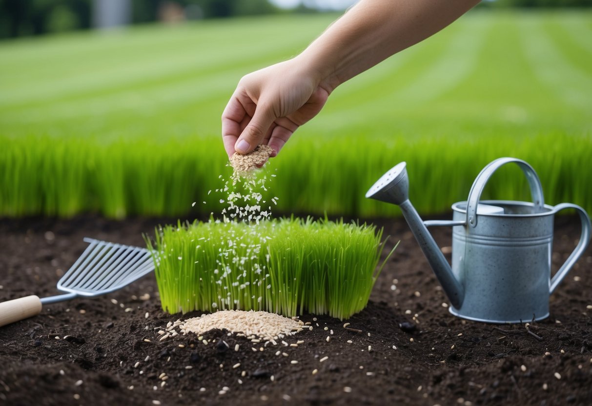 A hand sprinkles Japanese grass seeds onto a freshly raked soil bed, with a small rake and watering can nearby